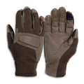 A pair of tactical gloves shown flat against a white background, with one glove displaying the palm side and the other showing the back side. The gloves feature a color-blocked design in dark brown and tan, with black accents on the fingertips.