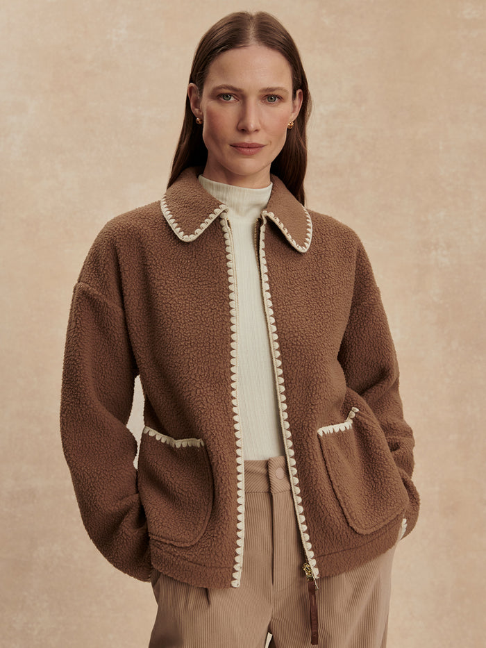 Cocoa Dust|Ruiko Zip-Through Fleece in Cocoa Dust, plush Borg fleece jacket, shirt collar, contrast embroidery trims, patch pockets and double-ended zip.