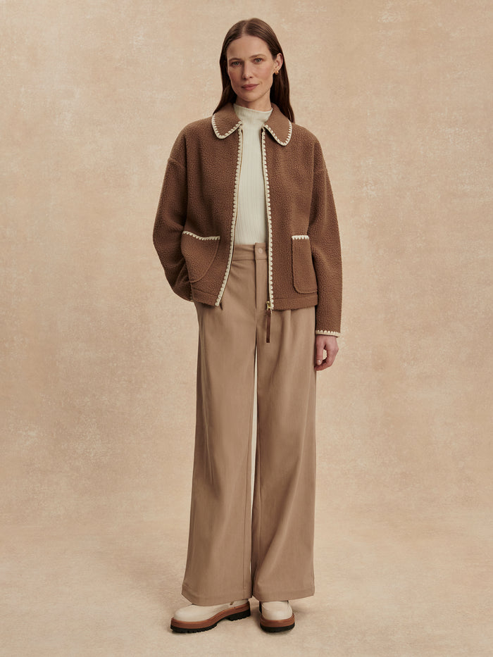 Cocoa Dust|RUIKO ZIP THROUGH FLEECE in Cocoa Dust, front view of a fleece jacket with stand collar and full-length zipper.
