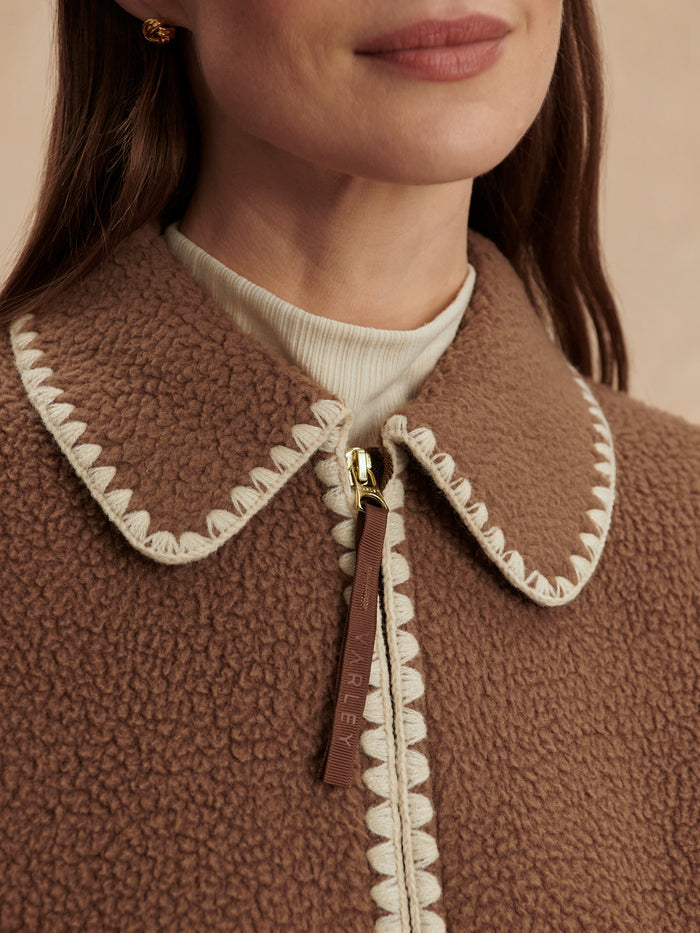 Cocoa Dust|Ruiko Zip-Through Fleece Cocoa Dust: front view of a zip-front fleece jacket with a stand-up collar.