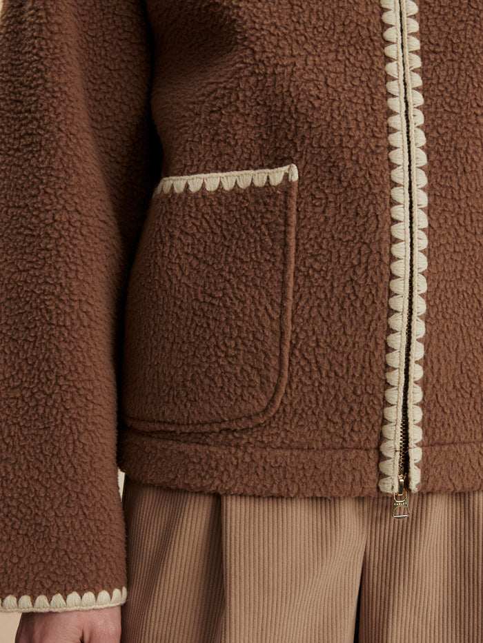 Cocoa Dust|Front-facing product of the Ruiko Zip Through Fleece in Cocoa Dust, a soft fleece jacket with full-length zip and stand collar.