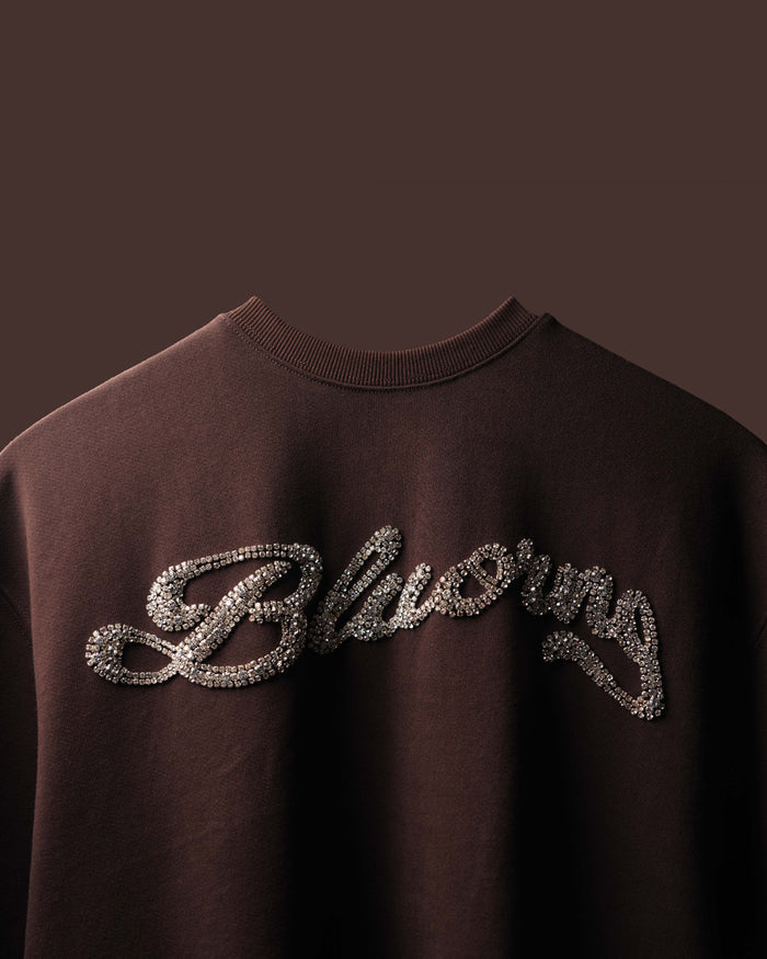 Brown sweatshirt with 'Blvckng' text in rhinestones on a dark background