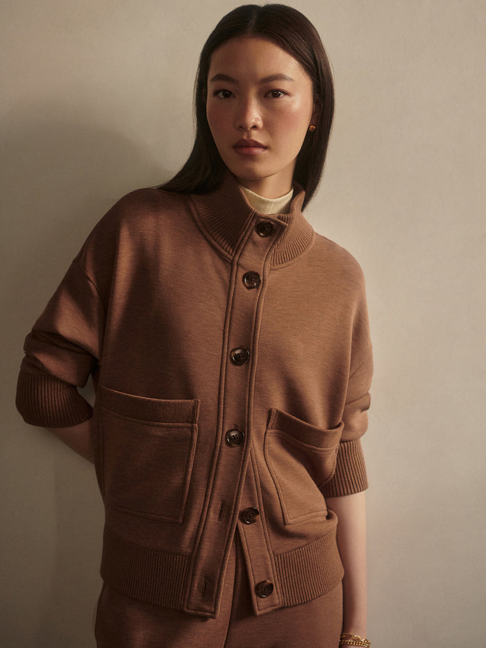 Golden Bronze Marl|Sabrina Button Through Sweat in Golden Bronze Marl, DoubleSoft® knit with high neck, relaxed fit, button front, chunky rib details and patch pockets.