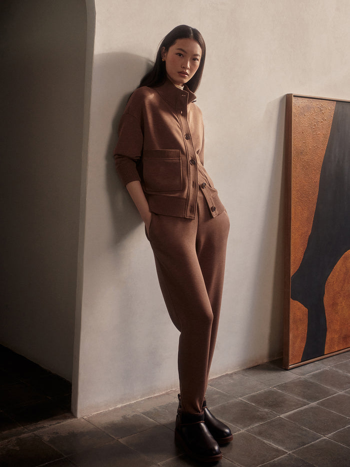 Golden Bronze Marl|Front view of Sabrina Button-Through Sweat in Golden Bronze Marl, featuring a button-through placket on a relaxed-fit sweatshirt.