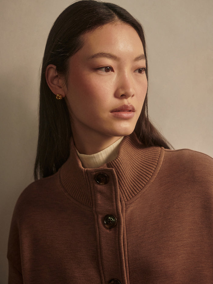 Golden Bronze Marl|Front view of Sabrina Button-Through Sweat in Golden Bronze Marl, a marled knit sweatshirt with a button-through placket.