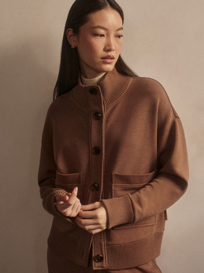 Golden Bronze Marl|Sabrina Button-Through Sweat in Golden Bronze Marl, front button placket, soft fleece-knit fabric, relaxed fit.
