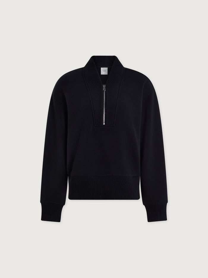 Black|Front view of the Varley Sally Half Zip Sweat in Black, showcasing a high neckline with a half-zip and relaxed fit.