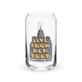 Clear can-shaped drinking glass featuring the Saturday Night Live Live From New York logo in black text on the front