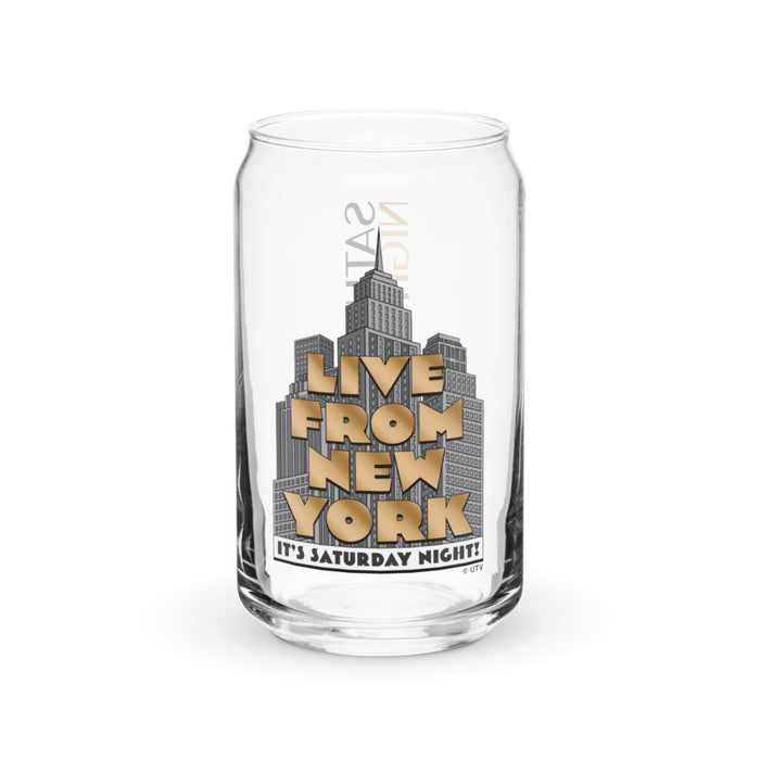 Clear can-shaped drinking glass featuring the Saturday Night Live Live From New York logo in black text on the front