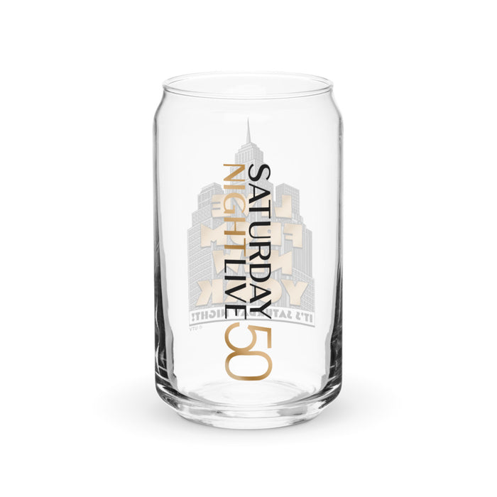 Side view of the Saturday Night Live can glass showing the smooth curved glass shape