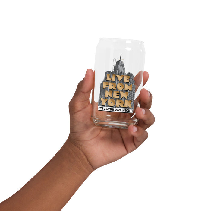 Close-up of the Live From New York graphic printed on the clear glass drinkware