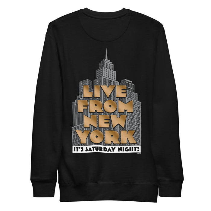 Black crewneck sweatshirt featuring the white Saturday Night Live Live From New York text on the front chest