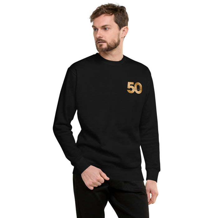 Back view of the black crewneck sweatshirt showing the plain design and self-fabric patch detail