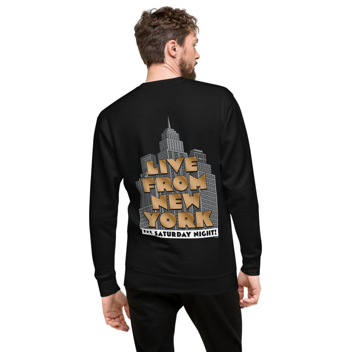 Folded black crewneck sweatshirt showcasing the soft 3-end fleece material and collar construction