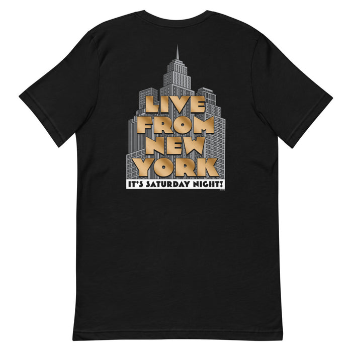 Black Saturday Night Live t-shirt featuring the Live From New York graphic on the front chest