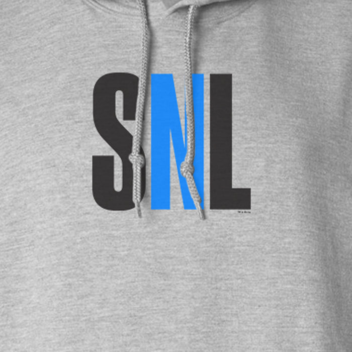 Close-up of the Saturday Night Live logo printed on the front of the hooded sweatshirt
