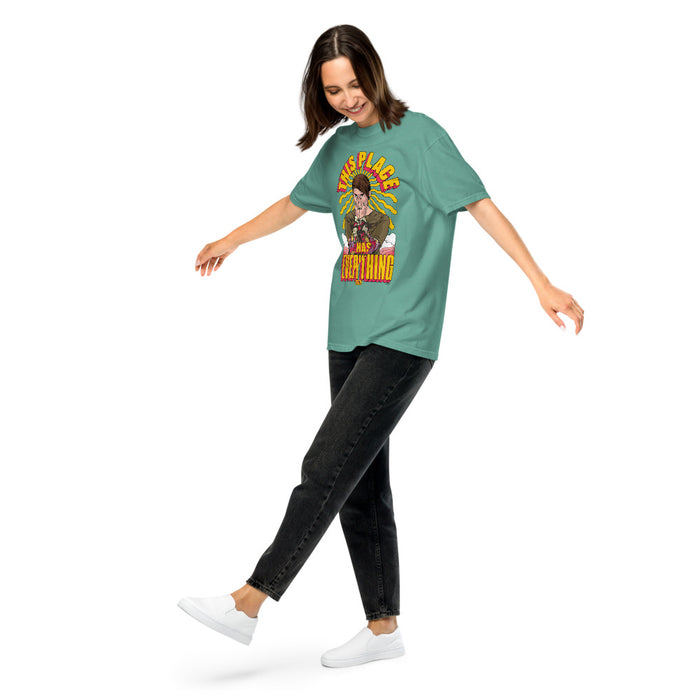 Back view of the seafoam green Saturday Night Live Stefon t-shirt showing the plain garment-dyed fabric
