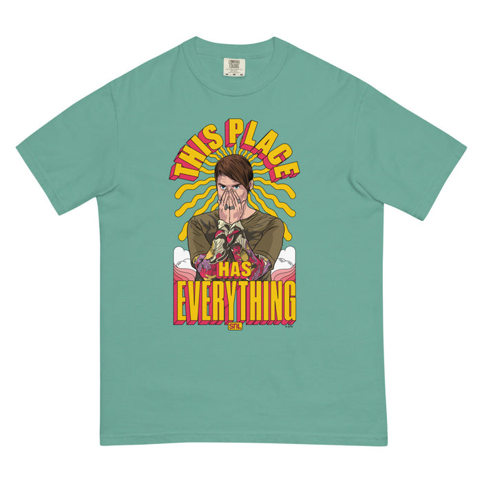 Folded seafoam green Saturday Night Live Stefon t-shirt showcasing the soft ring-spun texture