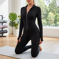 Women's solid color long sleeved zipper waist slimming sports yoga jumpsuit