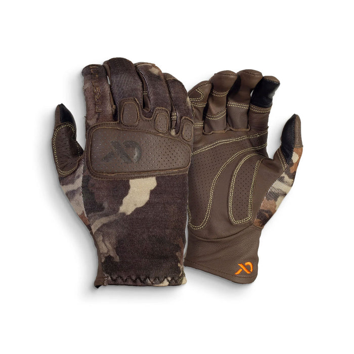 Pair of brown and camouflage gloves featuring perforated leather palms, reinforced knuckle padding, and dark fingertips.