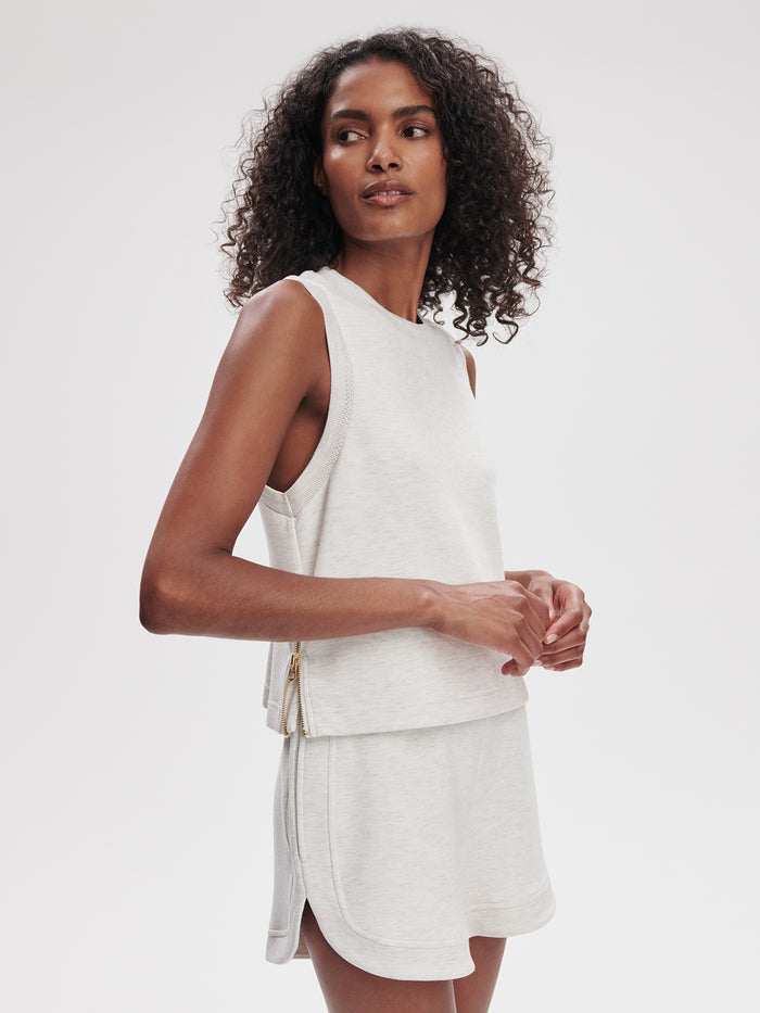 Ivory Marl|Front view of the Shea Crop Tank Ivory Marl, a sleeveless cropped top in ivory-marl fabric.