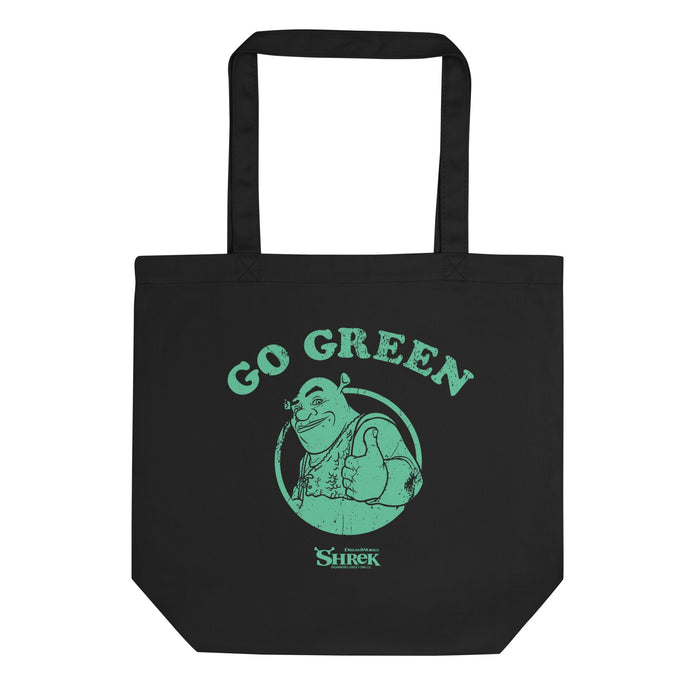 Black organic cotton tote bag featuring a green Shrek Go Green graphic centered on the front