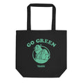Black organic cotton tote bag featuring a green Shrek Go Green graphic centered on the front