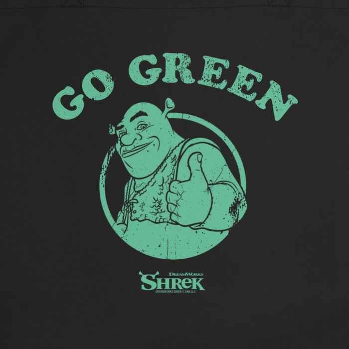 Close up view of the durable organic cotton twill fabric texture on the black Shrek tote bag