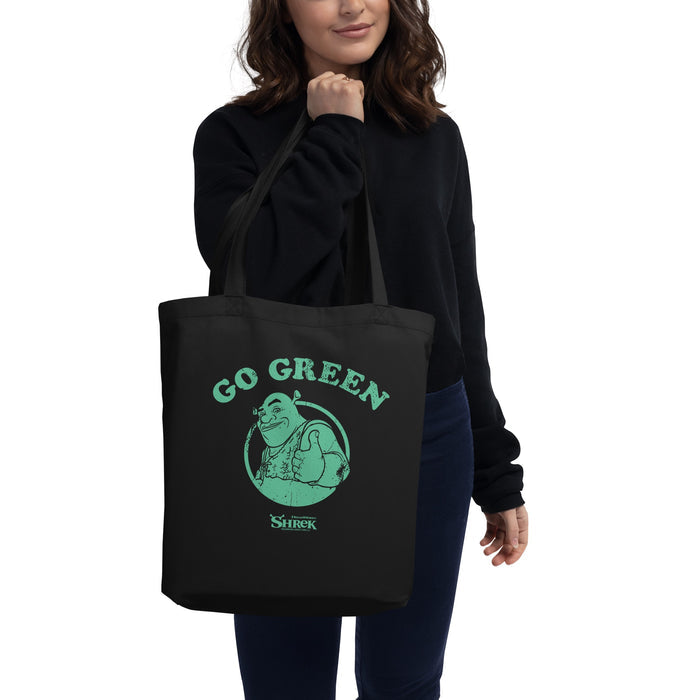 Side profile view of the spacious black Shrek tote bag showing its gusseted bottom and sturdy straps
