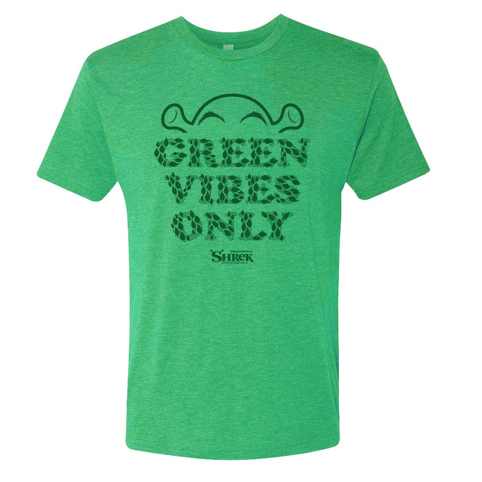 Shrek Green Vibes Only t-shirt displayed flat, showing the front graphic and crew neckline