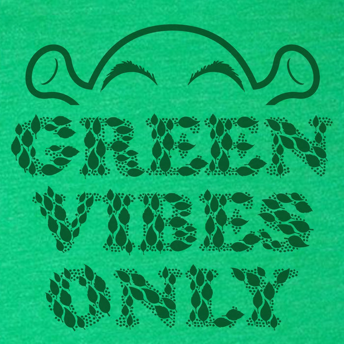 Close-up of the Green Vibes Only graphic printed on the chest of the Shrek t-shirt