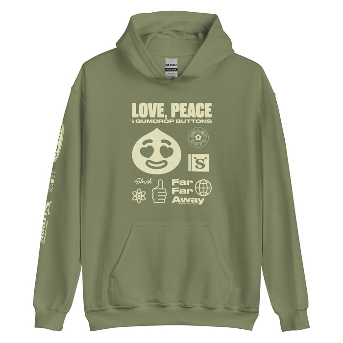 Military Green Shrek Love, Peace & Gumdrop Buttons hoodie front view
