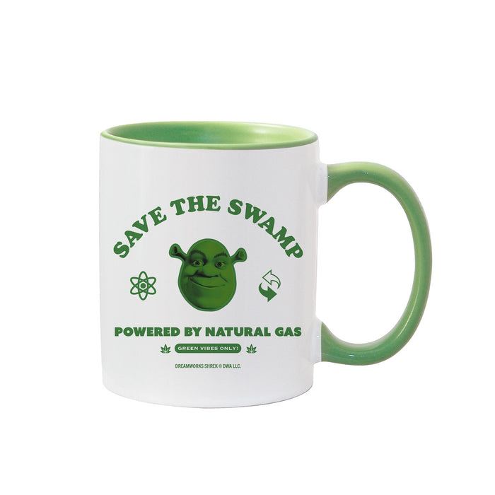 Front view of the Shrek Save The Swamp two-tone ceramic mug featuring Shrek and the slogan against a green inner and handle