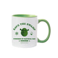 Front view of the Shrek Save The Swamp two-tone ceramic mug featuring Shrek and the slogan against a green inner and handle