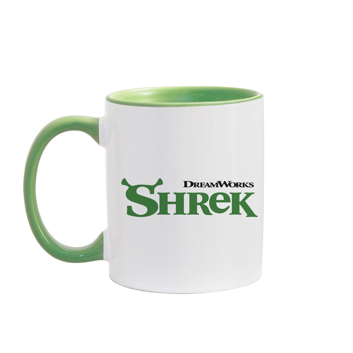 Side angle view of the Shrek ceramic coffee mug highlighting the contrasting two-tone color design