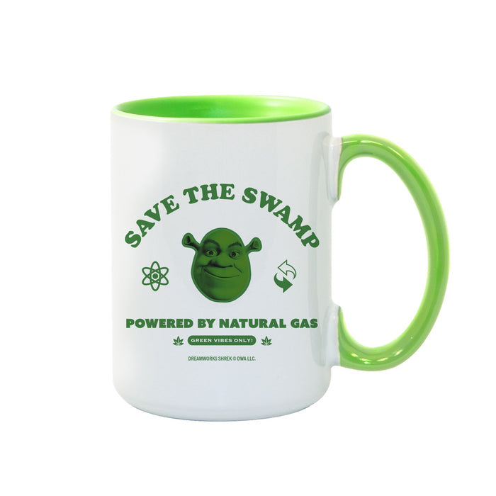 Close-up view of the Save The Swamp graphic printed on the side of the Shrek mug