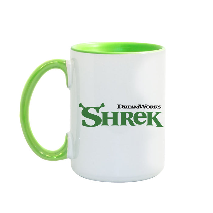 View of the large, easy-grip handle on the Shrek two-tone coffee mug