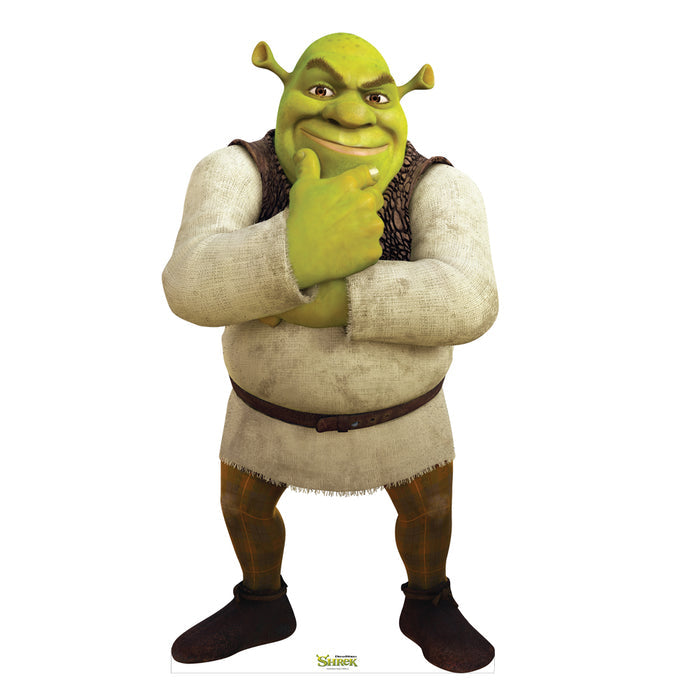Full view of the life-size Shrek cardboard standee featuring the ogre character in his signature outfit