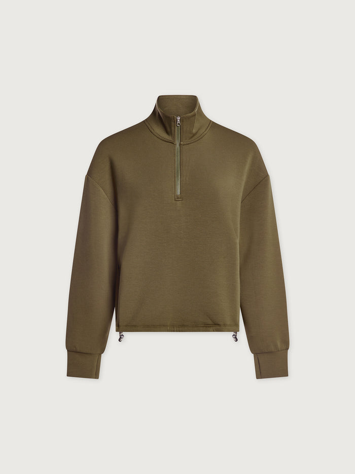 Dark Olive|Varley SIAN Cropped Half-Zip Midlayer in Dark Olive, featuring a cropped silhouette, stand-up collar, and front half-zip.