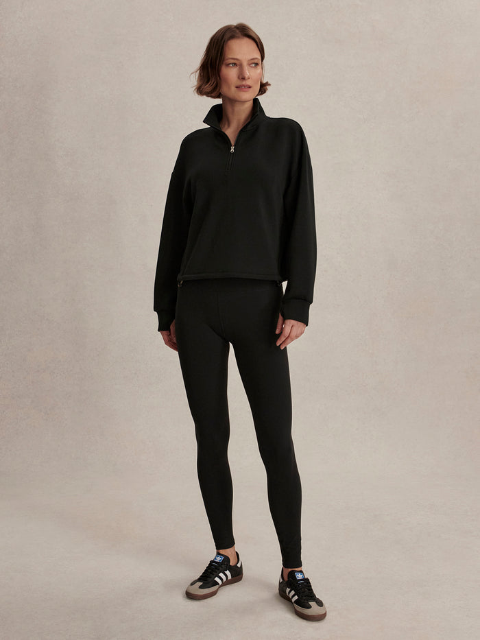 Black|Varley SIAN Cropped Half Zip Midlayer Black, front view showing the half-zip neckline and cropped silhouette.