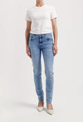Casual chic outfit with light blue slim-fit jeans paired with a plain white T-shirt and pointy white heels.
