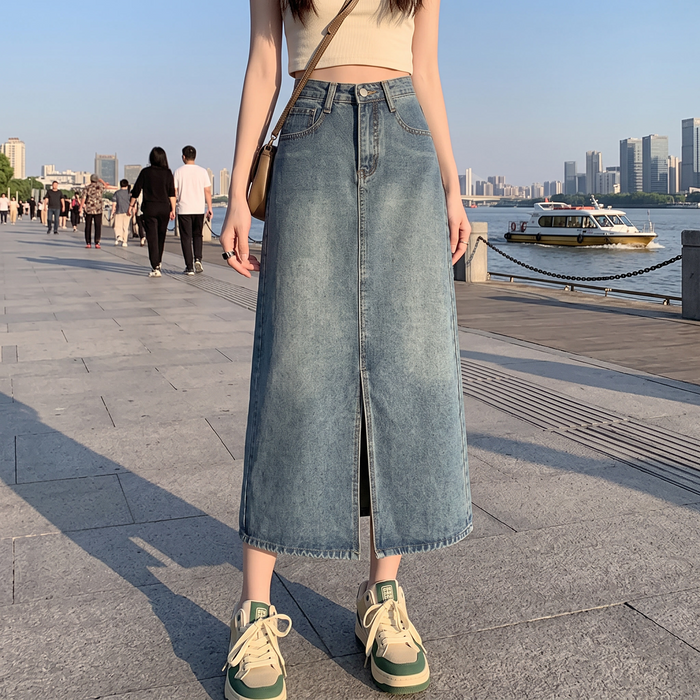 Slit Denim Retro A-Line Skirt