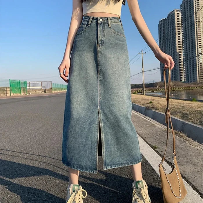 ฤดูร้อนใหม่เอวสูงSlitกระโปรงDenimสําหรับผู้หญิงล้างRetro A-Lineกระโปรงสะโพกครอบคลุมกระโปรงยาวตรง