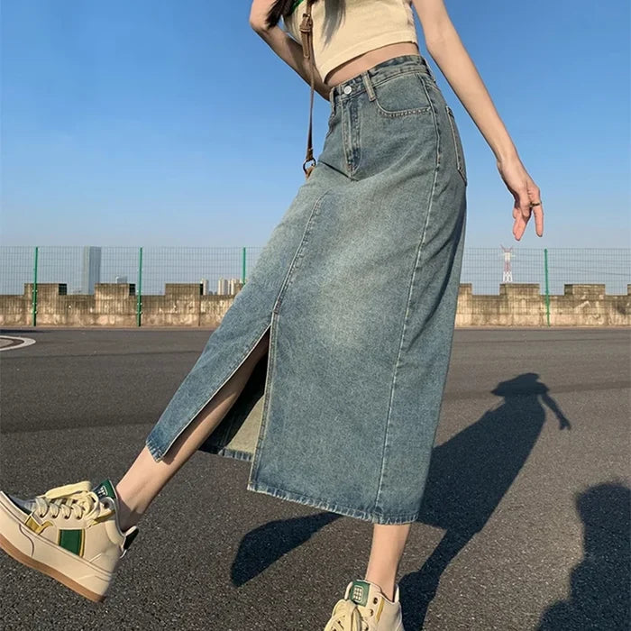 ฤดูร้อนใหม่เอวสูงSlitกระโปรงDenimสําหรับผู้หญิงล้างRetro A-Lineกระโปรงสะโพกครอบคลุมกระโปรงยาวตรง