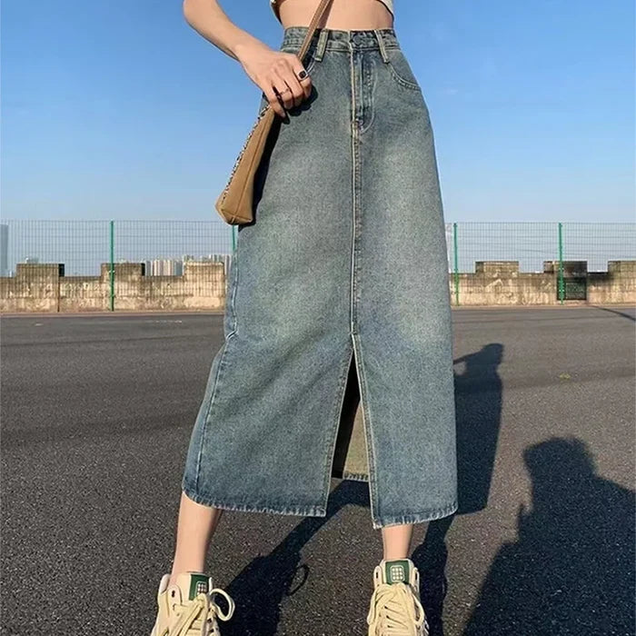 ฤดูร้อนใหม่เอวสูงSlitกระโปรงDenimสําหรับผู้หญิงล้างRetro A-Lineกระโปรงสะโพกครอบคลุมกระโปรงยาวตรง