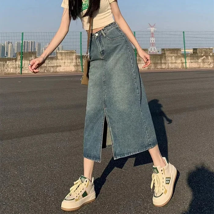 ฤดูร้อนใหม่เอวสูงSlitกระโปรงDenimสําหรับผู้หญิงล้างRetro A-Lineกระโปรงสะโพกครอบคลุมกระโปรงยาวตรง