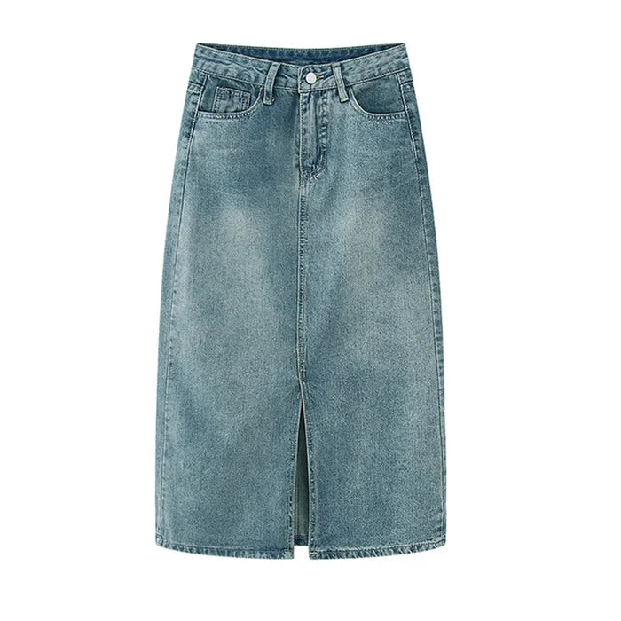 ฤดูร้อนใหม่เอวสูงSlitกระโปรงDenimสําหรับผู้หญิงล้างRetro A-Lineกระโปรงสะโพกครอบคลุมกระโปรงยาวตรง