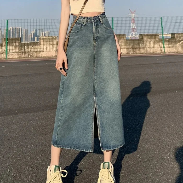 ฤดูร้อนใหม่เอวสูงSlitกระโปรงDenimสําหรับผู้หญิงล้างRetro A-Lineกระโปรงสะโพกครอบคลุมกระโปรงยาวตรง