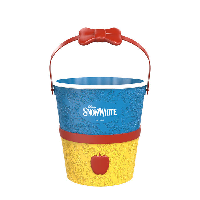 Front view of the red Snow White apple popcorn bucket featuring a detailed stem and leaf lid