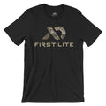 Black t-shirt with an abstract camouflage logo, "FIRST LITE" text